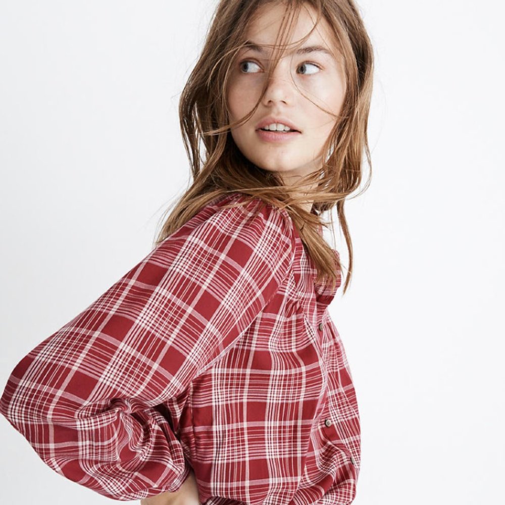 Balloon-Sleeve Peasant Top in Plaid